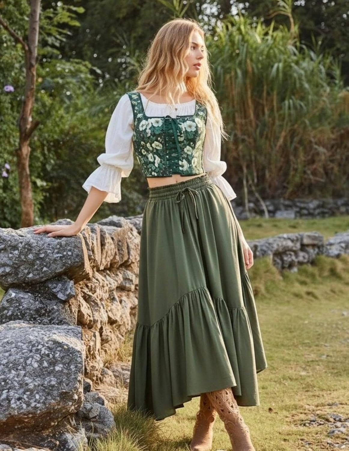 image:imageScarlet Darkness Renaissance Corset Top for Women Medieval Boned Floral Overbust Corsets Pirate Fairy Costume Size 618Green White Floral