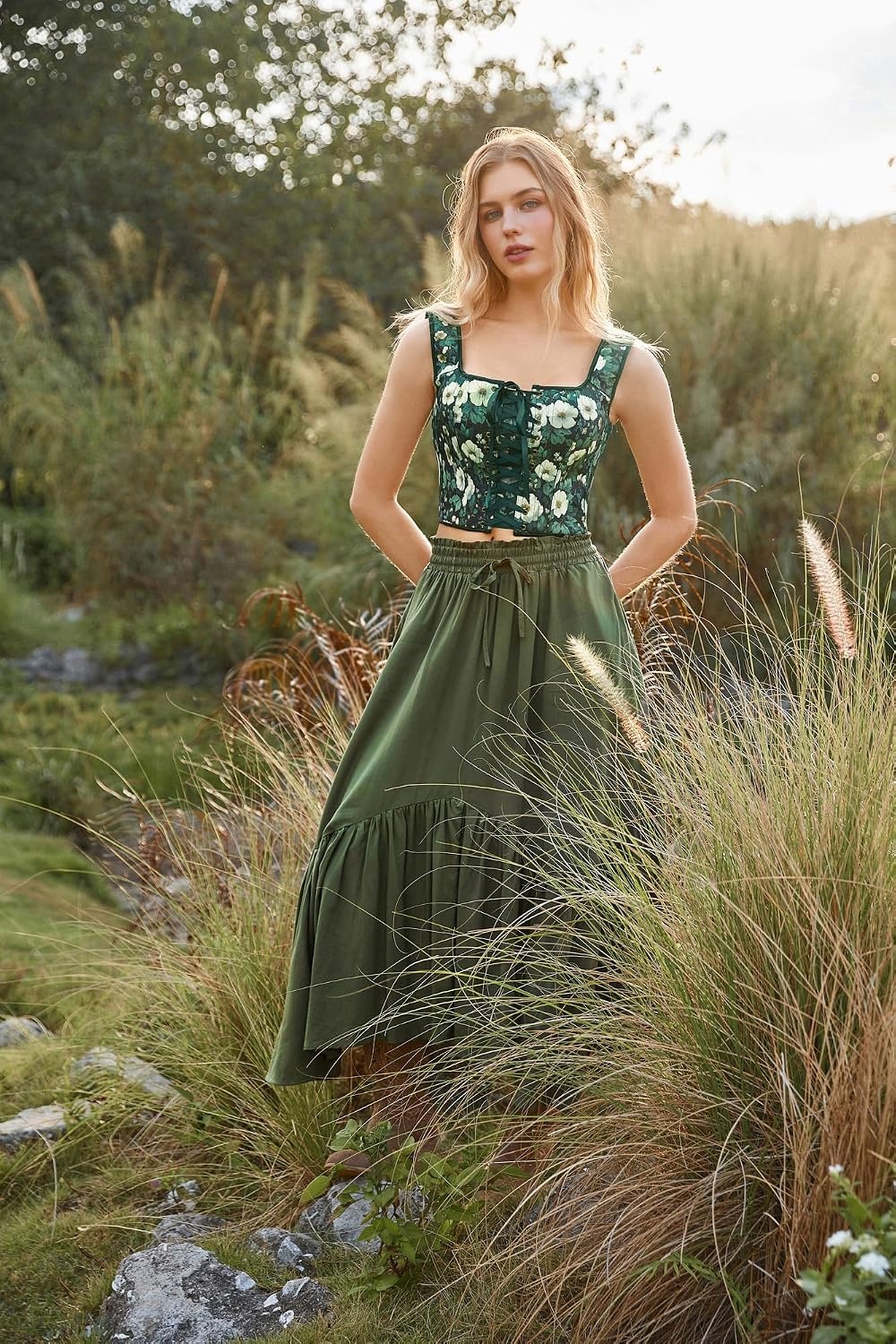 image:imageScarlet Darkness Renaissance Corset Top for Women Medieval Boned Floral Overbust Corsets Pirate Fairy Costume Size 618Green White Floral