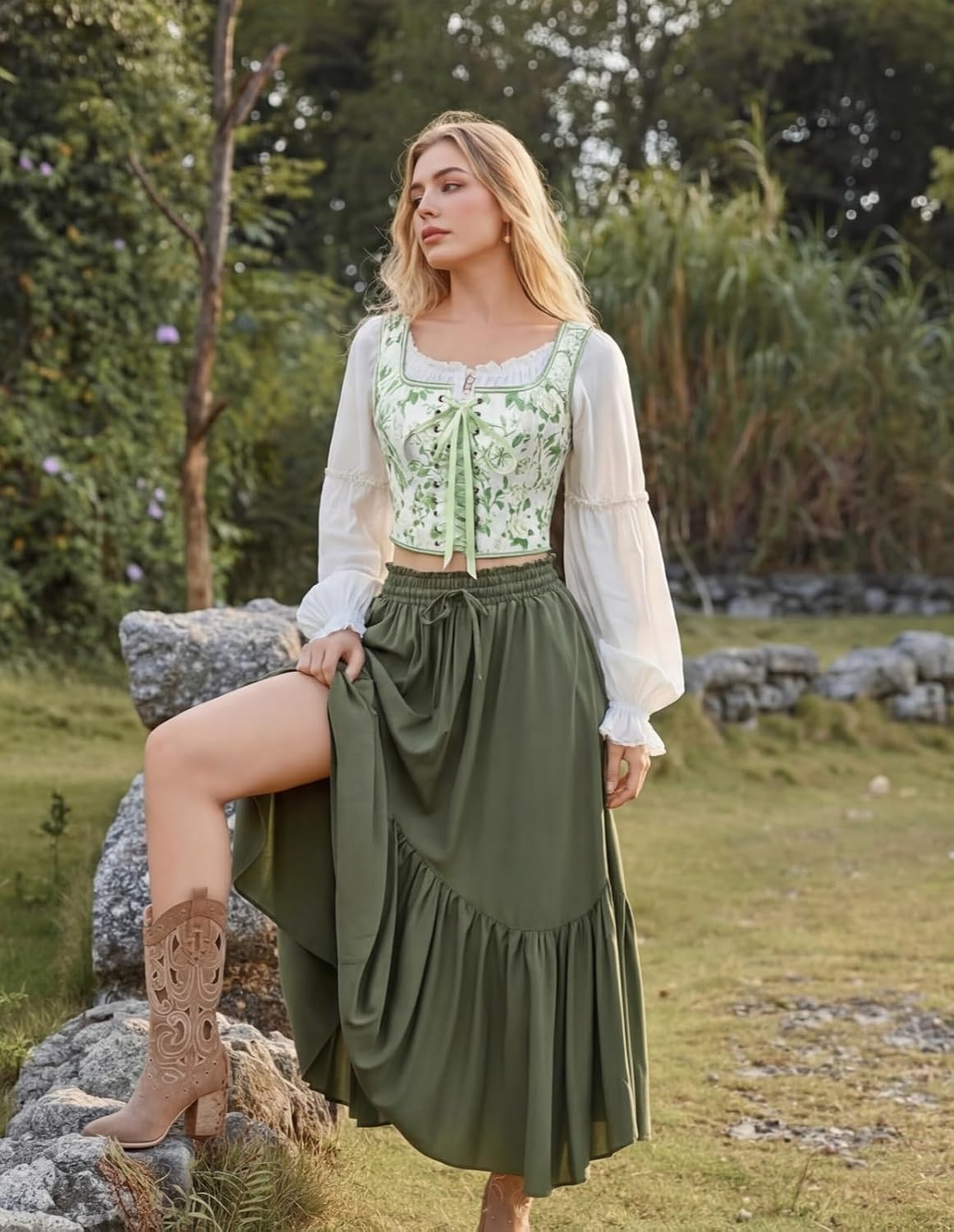 image:imageScarlet Darkness Renaissance Corset Top for Women Medieval Boned Floral Overbust Corsets Pirate Fairy Costume Size 618Whitegreen Floral