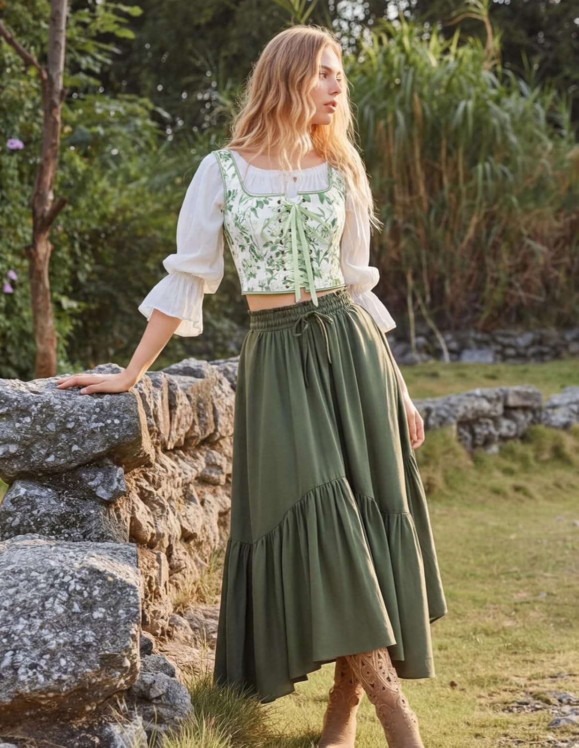 image:imageScarlet Darkness Renaissance Corset Top for Women Medieval Boned Floral Overbust Corsets Pirate Fairy Costume Size 618Whitegreen Floral