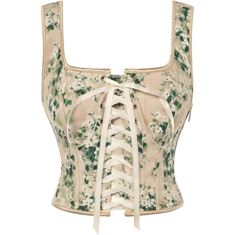 image:imageScarlet Darkness Renaissance Corset Top for Women Medieval Boned Floral Overbust Corsets Pirate Fairy Costume Size 618Beige Green Floral