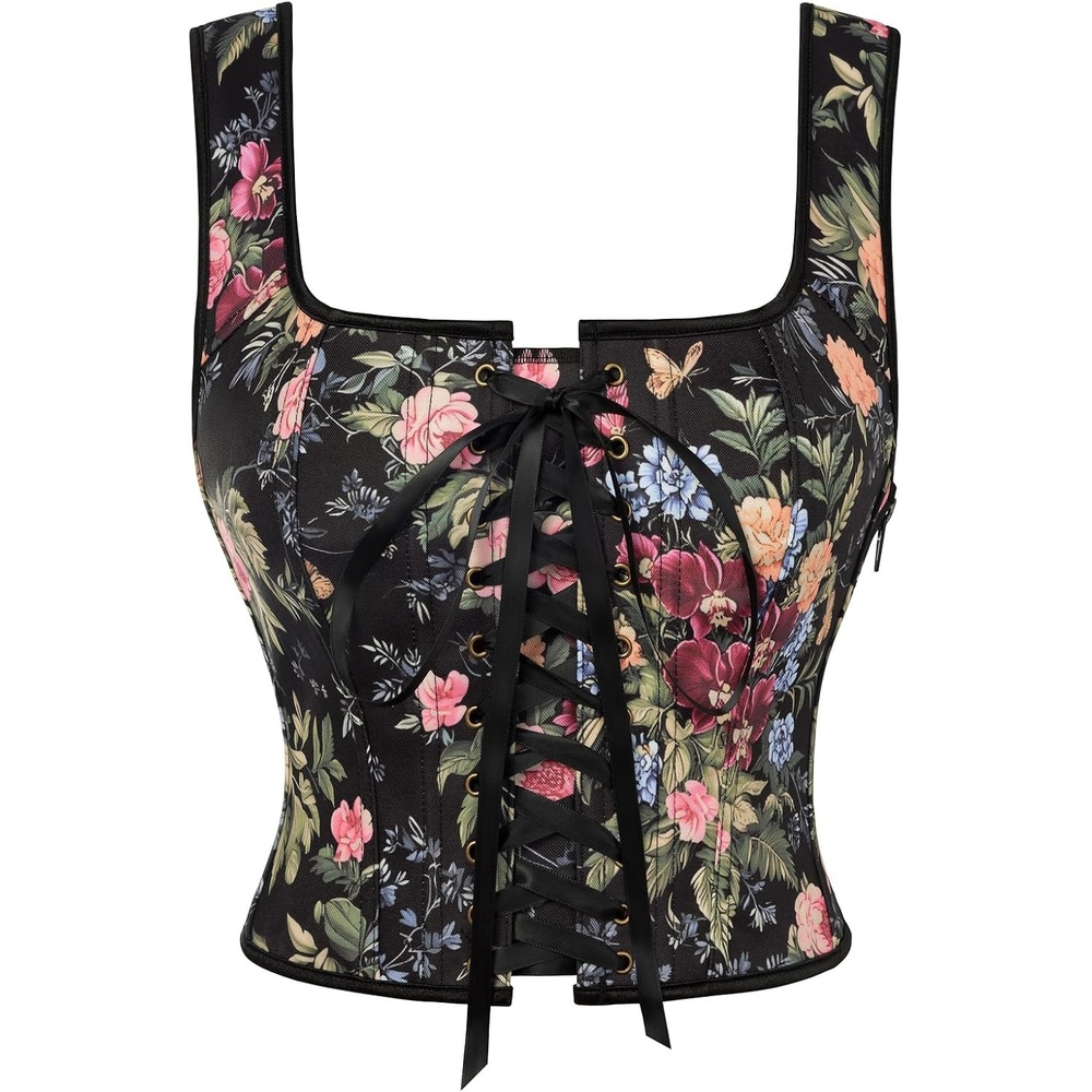 image:imageScarlet Darkness Renaissance Corset Top for Women Medieval Boned Floral Overbust Corsets Pirate Fairy Costume Size 618Black Multi Floral