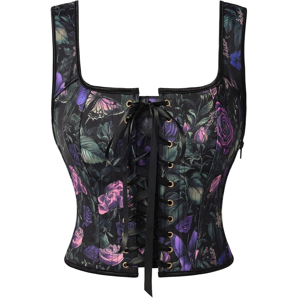 image:imageScarlet Darkness Renaissance Corset Top for Women Medieval Boned Floral Overbust Corsets Pirate Fairy Costume Size 618Black Purple Floral