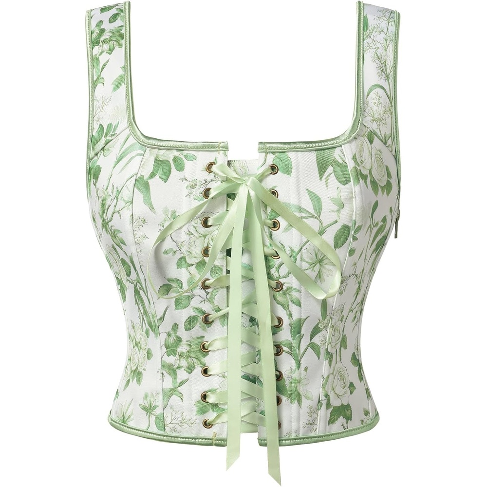 image:imageScarlet Darkness Renaissance Corset Top for Women Medieval Boned Floral Overbust Corsets Pirate Fairy Costume Size 618Whitegreen Floral