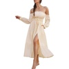 image:imageScarlet Darkness Womens Boho Dress 2026 Summer Off The Shoulder Long Sleeve Renaissance Maxi Dresses with Split Beige S