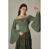 image:imageScarlet Darkness Women Bell Sleeve Smocked Top Off The Shoulder Peasant Blouse Renaissance Pirate ShirtOlive Green