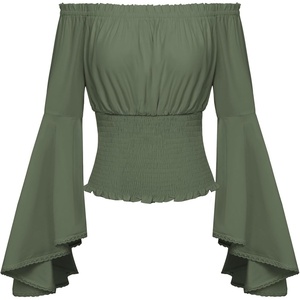 image:imageScarlet Darkness Women Bell Sleeve Smocked Top Off The Shoulder Peasant Blouse Renaissance Pirate ShirtOlive Green