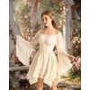 image:imageScarlet Darkness Renaissance Costume Women Chiffon Corset Pirate Mini Dress  Medieval Witch Fairy Goth Bell Sleeve Off Shoulder Layered Hem Soft Comfortable Flowy Dresses with PocketsOyster White