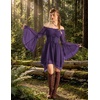 image:imageScarlet Darkness Renaissance Costume Women Chiffon Corset Pirate Mini Dress  Medieval Witch Fairy Goth Bell Sleeve Off Shoulder Layered Hem Soft Comfortable Flowy Dresses with PocketsDeep Purple
