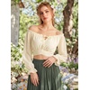 image:imageScarlet Darkness Women Off the Shoulder Crop Tops Long Sleeve Shirt Blouse  Lantern Sleeve Tie Back Elastic Neckline Ideal for Casual Boho Vacation Ren Faire Pirate PartyApricot