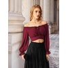 image:imageScarlet Darkness Women Off the Shoulder Crop Tops Long Sleeve Shirt Blouse  Lantern Sleeve Tie Back Elastic Neckline Ideal for Casual Boho Vacation Ren Faire Pirate PartyRed