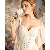 image:imageScarlet Darkness Womens Corset Waist Renaissance Fairycore Costume Dress  Chiffon dress with adjustable straps flutter bell sleeves corset laceup waist smocked back left zip side pocketsOyster White