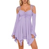 image:imageScarlet Darkness Tie Shoulder Flare Sleeve Renaissance Witch Fairy Dress  tie shoulder dress with drawstring Vneck flared sleeve side pocket medium stretch layered handkerchief hem knit fabricLight Lilac