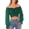 image:imageScarlet Darkness Women Off the Shoulder Crop Tops Long Sleeve Shirt Blouse  Lantern Sleeve Tie Back Elastic Neckline Ideal for Casual Boho Vacation Ren Faire Pirate PartyVerdant Green