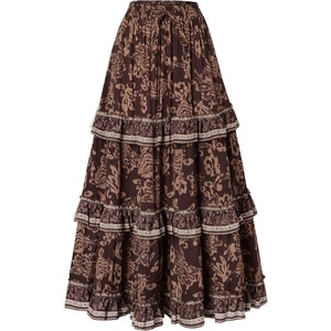 image:imageScarlet Darkness Maxi Skirts for Women Boho Floral High Waist Long Skirt  Tiered Ruffle Elastic High Waist Lightweight Flowy Vintage Print Aline Ankle Length Boho Beach Vacation Fall LookBrown Floral