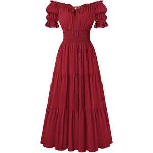 image:imageScarlet Darkness Off Shoulder Puff Sleeve Renaissance Cottage Pirate Dress  offshoulder flowy tiered dress with puff sleeves amp front tie smocked waist side pockets main bodice lined lightweightRed