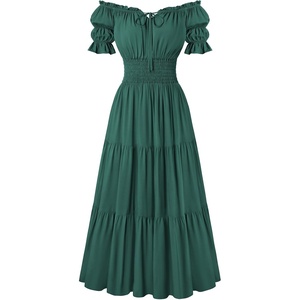 image:imageScarlet Darkness Off Shoulder Puff Sleeve Renaissance Cottage Pirate Dress  offshoulder flowy tiered dress with puff sleeves amp front tie smocked waist side pockets main bodice lined lightweightDark Green