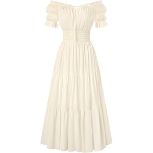 image:imageScarlet Darkness Off Shoulder Puff Sleeve Renaissance Cottage Pirate Dress  offshoulder flowy tiered dress with puff sleeves amp front tie smocked waist side pockets main bodice lined lightweightOyster White