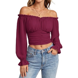 image:imageScarlet Darkness Off The Shoulder Tops for Women Crop Long Sleeve Blouses  Chiffon Slim Fit Ruched Top Puff Sleeve Renaissance Peasant Shirt Blouse Y2K Going Out Outfits Fashion Trendy Clothes 2026Wine