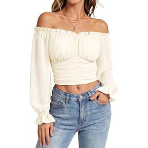 image:imageScarlet Darkness Off The Shoulder Tops for Women Crop Long Sleeve Blouses  Chiffon Slim Fit Ruched Top Puff Sleeve Renaissance Peasant Shirt Blouse Y2K Going Out Outfits Fashion Trendy Clothes 2026Oyster White