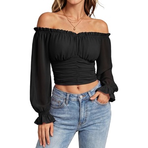 image:imageScarlet Darkness Off The Shoulder Tops for Women Crop Long Sleeve Blouses  Chiffon Slim Fit Ruched Top Puff Sleeve Renaissance Peasant Shirt Blouse Y2K Going Out Outfits Fashion Trendy Clothes 2026Black