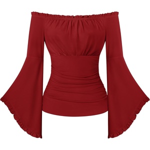 image:imageScarlet Darkness Peasant Blouses for Women Off the Shoulder Tops  Bell Sleeve Ruched Waist Flatters for Renaissance Faires Pirate Elf Cosplay Daily Casual Soft Stretch FabricDark Red