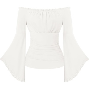 image:imageScarlet Darkness Peasant Blouses for Women Off the Shoulder Tops  Bell Sleeve Ruched Waist Flatters for Renaissance Faires Pirate Elf Cosplay Daily Casual Soft Stretch FabricWhite