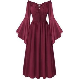 image:imageScarlet Darkness Renaissance Dress Women Peasant Medieval Costume Off Shoulder Maxi Dresses with PocketsWine