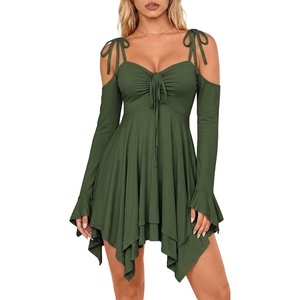 image:imageScarlet Darkness Tie Shoulder Flare Sleeve Renaissance Witch Fairy Dress  tie shoulder dress with drawstring Vneck flared sleeve side pocket medium stretch layered handkerchief hem knit fabricGreen Bay