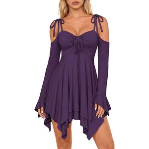 image:imageScarlet Darkness Tie Shoulder Flare Sleeve Renaissance Witch Fairy Dress  tie shoulder dress with drawstring Vneck flared sleeve side pocket medium stretch layered handkerchief hem knit fabricDeep Purple