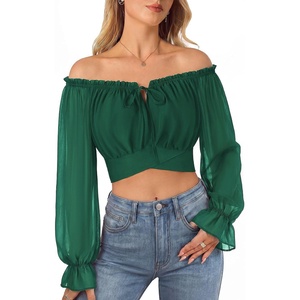 image:imageScarlet Darkness Women Off the Shoulder Crop Tops Long Sleeve Shirt Blouse  Lantern Sleeve Tie Back Elastic Neckline Ideal for Casual Boho Vacation Ren Faire Pirate PartyVerdant Green