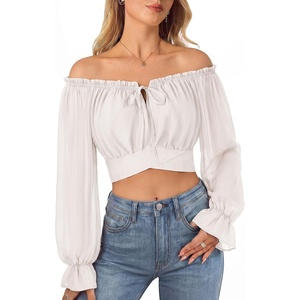 image:imageScarlet Darkness Women Off the Shoulder Crop Tops Long Sleeve Shirt Blouse  Lantern Sleeve Tie Back Elastic Neckline Ideal for Casual Boho Vacation Ren Faire Pirate PartyWhite