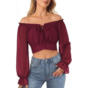 image:imageScarlet Darkness Women Off the Shoulder Crop Tops Long Sleeve Shirt Blouse  Lantern Sleeve Tie Back Elastic Neckline Ideal for Casual Boho Vacation Ren Faire Pirate PartyRed