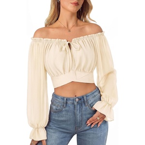 image:imageScarlet Darkness Women Off the Shoulder Crop Tops Long Sleeve Shirt Blouse  Lantern Sleeve Tie Back Elastic Neckline Ideal for Casual Boho Vacation Ren Faire Pirate PartyApricot