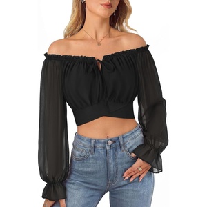 image:imageScarlet Darkness Women Off the Shoulder Crop Tops Long Sleeve Shirt Blouse  Lantern Sleeve Tie Back Elastic Neckline Ideal for Casual Boho Vacation Ren Faire Pirate PartyBlack