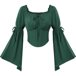 image:imageScarlet Darkness Women Renaissance Corset Bell Sleeve Off Shoulder Tops  Ruched Slim Fit Peasant BlousePirate Ren Faire ShirtEden Green