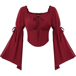image:imageScarlet Darkness Women Renaissance Corset Bell Sleeve Off Shoulder Tops  Ruched Slim Fit Peasant BlousePirate Ren Faire ShirtWine
