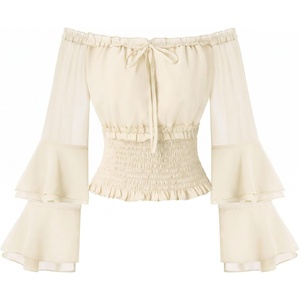 image:imageScarlet Darkness Women Renaissance Shirt Off Shoulder Bell Sleeve Tops  Smocked Waist Crop Tops Layered Bell Sleeve Ideal for Peasant Pirate Ren FaireApricot
