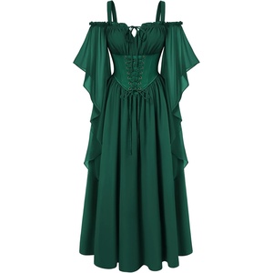 image:imageScarlet Darkness Womens Corset Waist Renaissance Fairycore Costume Dress  Chiffon dress with adjustable straps flutter bell sleeves corset laceup waist smocked back left zip side pocketsEden Green