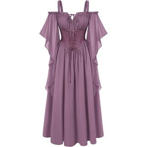 image:imageScarlet Darkness Womens Corset Waist Renaissance Fairycore Costume Dress  Chiffon dress with adjustable straps flutter bell sleeves corset laceup waist smocked back left zip side pocketsLight Lilac