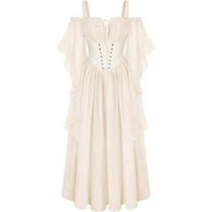 image:imageScarlet Darkness Womens Corset Waist Renaissance Fairycore Costume Dress  Chiffon dress with adjustable straps flutter bell sleeves corset laceup waist smocked back left zip side pocketsOyster White
