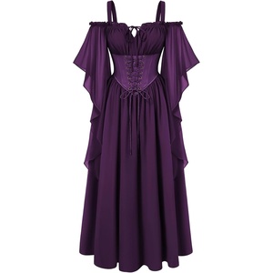 image:imageScarlet Darkness Womens Corset Waist Renaissance Fairycore Costume Dress  Chiffon dress with adjustable straps flutter bell sleeves corset laceup waist smocked back left zip side pocketsDeep Purple