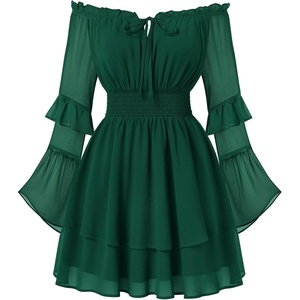 image:imageScarlet Darkness Womens Off Shoulder Long Sleeve Mini Dress  Renaissance pirate fairy flowy casual Ruffle hem smocked waist lined side pockets Daily wear versatileEmerald Green