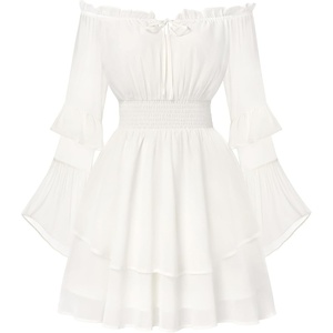 image:imageScarlet Darkness Womens Off Shoulder Long Sleeve Mini Dress  Renaissance pirate fairy flowy casual Ruffle hem smocked waist lined side pockets Daily wear versatileWhite