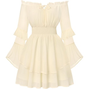 image:imageScarlet Darkness Womens Off Shoulder Long Sleeve Mini Dress  Renaissance pirate fairy flowy casual Ruffle hem smocked waist lined side pockets Daily wear versatileIvory White