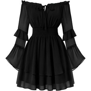 image:imageScarlet Darkness Womens Off Shoulder Long Sleeve Mini Dress  Renaissance pirate fairy flowy casual Ruffle hem smocked waist lined side pockets Daily wear versatileBlack