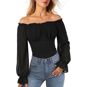 image:imageScarlet Darkness Womens Peasant Blouse Off Shoulder Fall Tops  Ruched Bust Lantern Sleeves Slim Fit for Renaissance Fairs Festivals Pirate Elf Cosplay Date Night Dressy CasualBlack