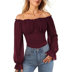 image:imageScarlet Darkness Womens Peasant Blouse Off Shoulder Fall Tops  Ruched Bust Lantern Sleeves Slim Fit for Renaissance Fairs Festivals Pirate Elf Cosplay Date Night Dressy CasualDark Wine