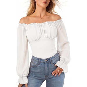image:imageScarlet Darkness Womens Peasant Blouse Off Shoulder Fall Tops  Ruched Bust Lantern Sleeves Slim Fit for Renaissance Fairs Festivals Pirate Elf Cosplay Date Night Dressy CasualIvory White