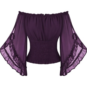 image:imageScarlet Darkness Womens Renaissance Tops OffShoulder Bell Sleeve Shirts  Chiffon Smocked Waist Batwing Sleeve Suitable for Ren Faire Pirate Steampunk PartyDeep Purple